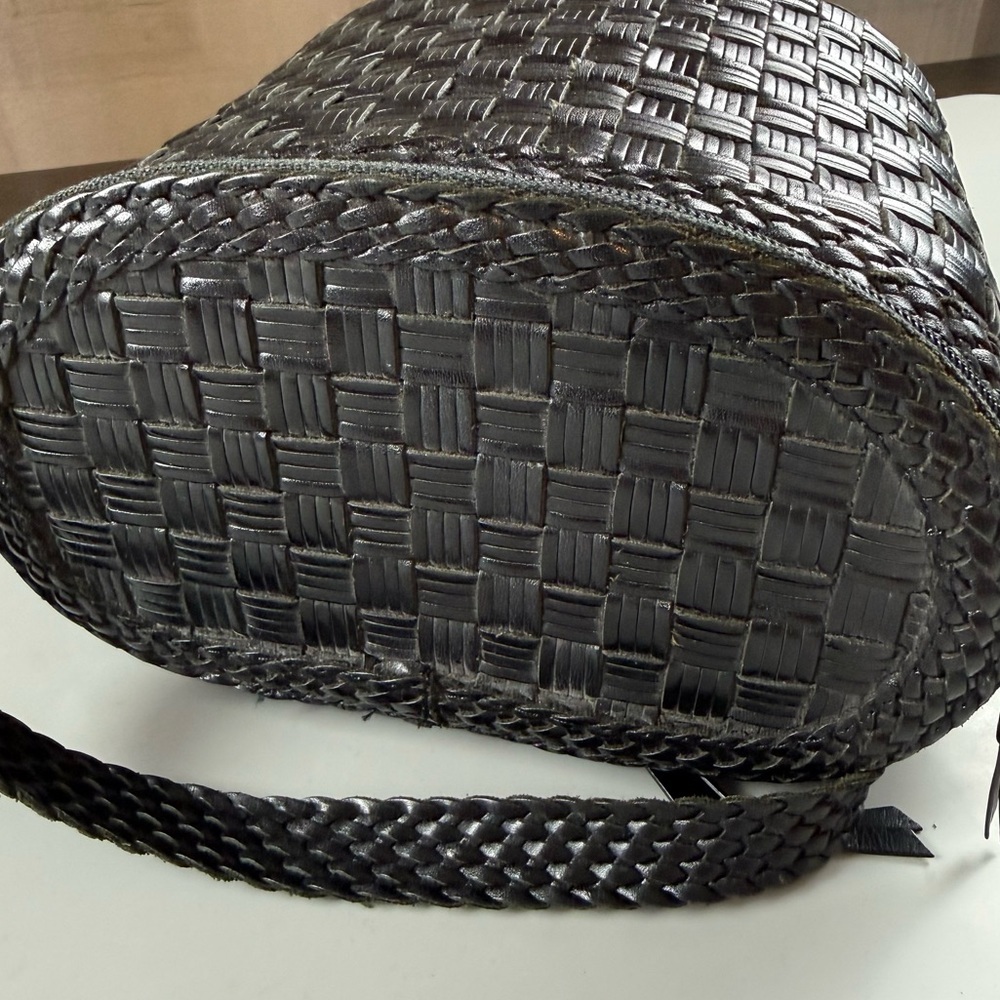 vtg 90s L.J.S Collection Woven Leather Small Crossbody Bag Black Basketweave - Picture 5 of 10